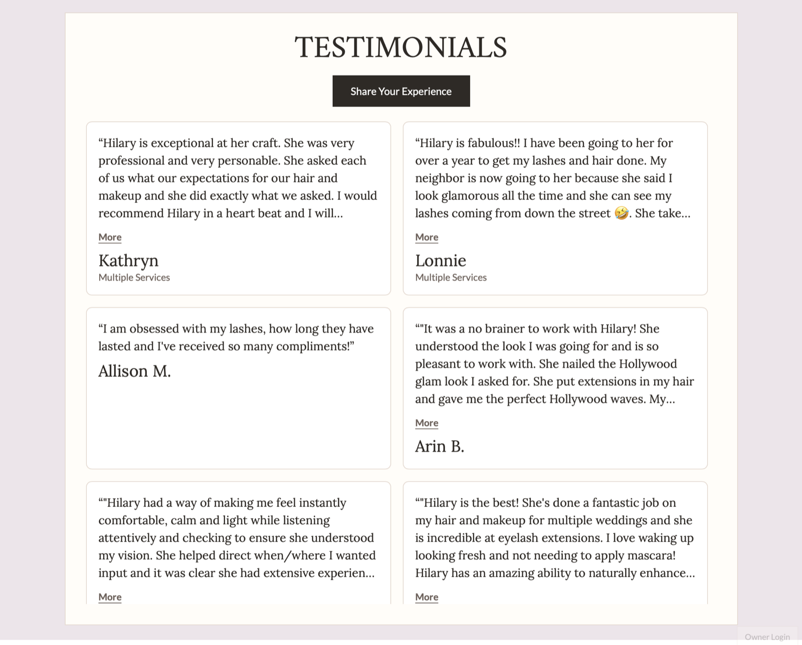 The Beauty by Hilary testimonials page - a Share Your Experience button above a two-column grid of client reviews.